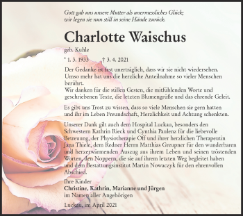 Traueranzeige von Charlotte Waischus von lausitzer_rundschau