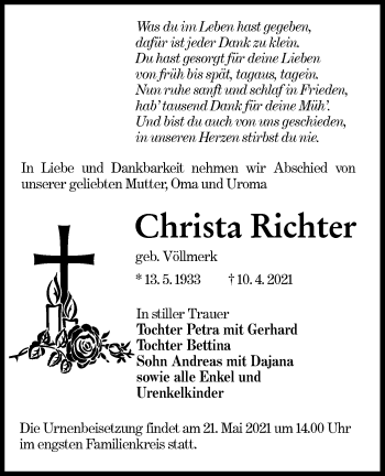 Traueranzeige von Christa Richter von lausitzer_rundschau