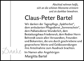 Traueranzeige von Claus-Peter Bartel von lausitzer_rundschau