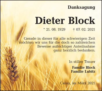 Traueranzeige von Dieter Block von lausitzer_rundschau