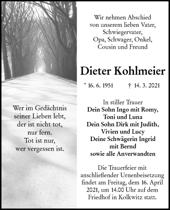 Traueranzeige von Dieter Kohlmeier von lausitzer_rundschau