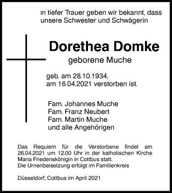 Traueranzeige von Dorethea Domke von lausitzer_rundschau