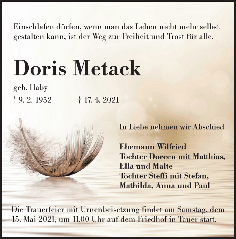  Traueranzeige für Doris Metack vom 24.04.2021 aus lausitzer_rundschau