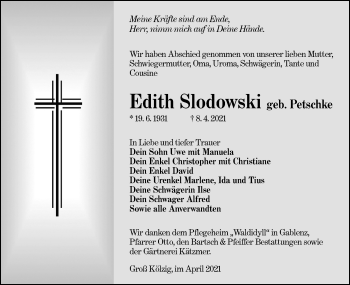 Traueranzeige von Edith Slodowski von lausitzer_rundschau