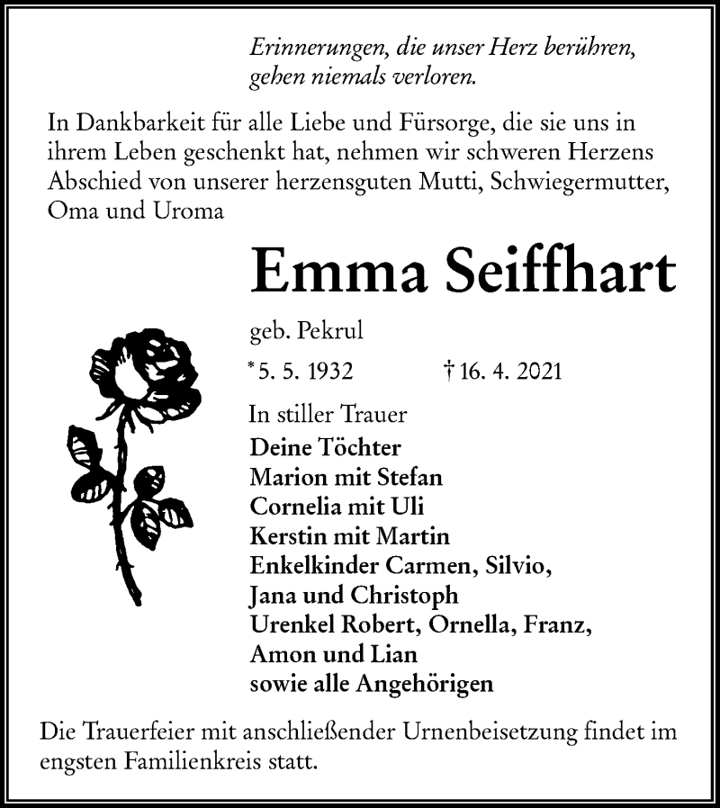  Traueranzeige für Emma Seiffhart vom 30.04.2021 aus lausitzer_rundschau