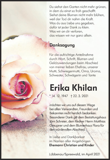 Traueranzeige von Erika Khilan von lausitzer_rundschau