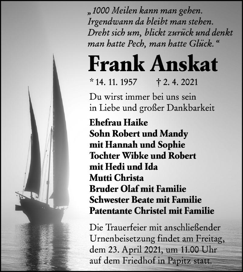  Traueranzeige für Frank Anskat vom 10.04.2021 aus lausitzer_rundschau