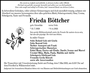 Traueranzeige von Frieda Böttcher von lausitzer_rundschau