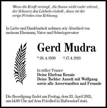 Traueranzeige von Gerd Mudra von lausitzer_rundschau