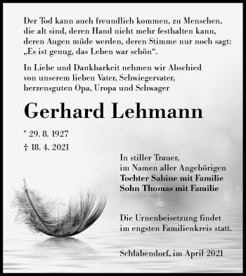 Traueranzeige von Gerhard Lehmann von lausitzer_rundschau