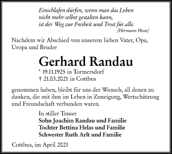 Traueranzeige von Gerhard Randau von lausitzer_rundschau