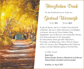 Traueranzeige von Gertrud Wesenigk von lausitzer_rundschau
