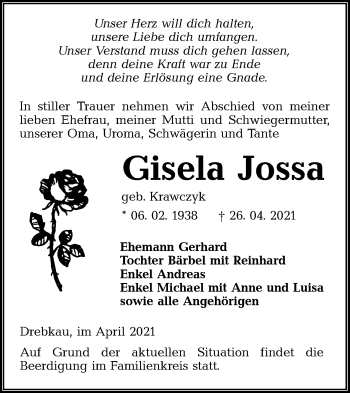 Traueranzeige von Gisela Jossa von lausitzer_rundschau