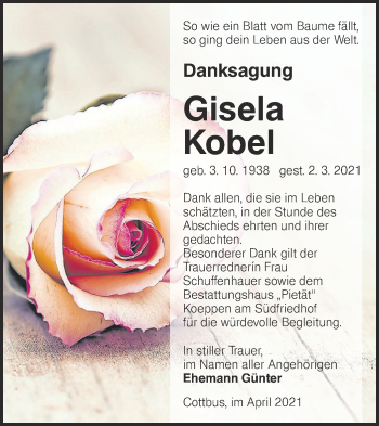 Traueranzeige von Gisela Kobel von lausitzer_rundschau