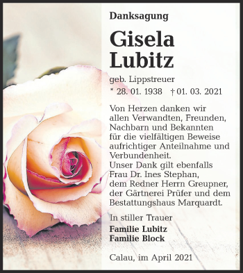 Traueranzeige von Gisela Lubitz von lausitzer_rundschau