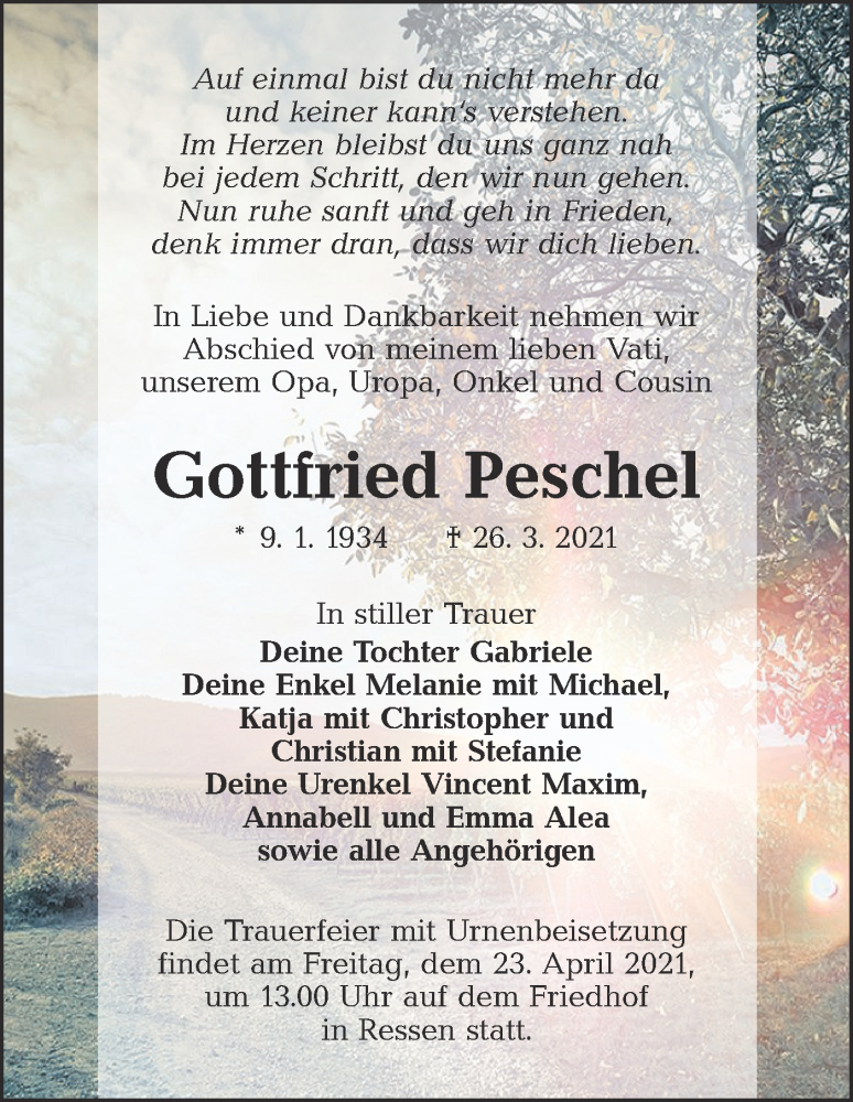  Traueranzeige für Gottfried Peschel vom 17.04.2021 aus lausitzer_rundschau