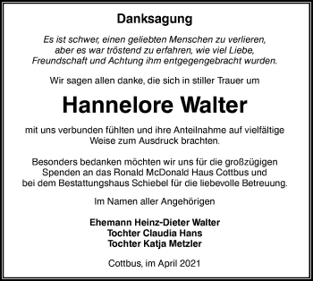 Traueranzeige von Hannelore Walter von lausitzer_rundschau