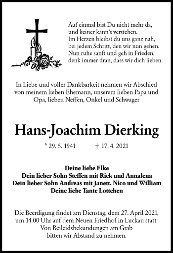 Traueranzeige von Hans-Joachim Dierking von lausitzer_rundschau