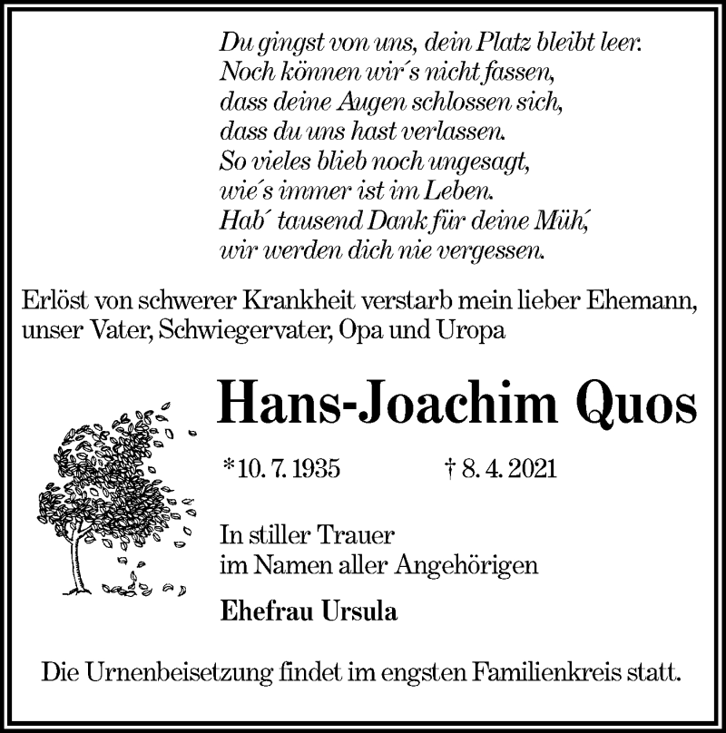  Traueranzeige für Hans-Joachim Quos vom 17.04.2021 aus lausitzer_rundschau