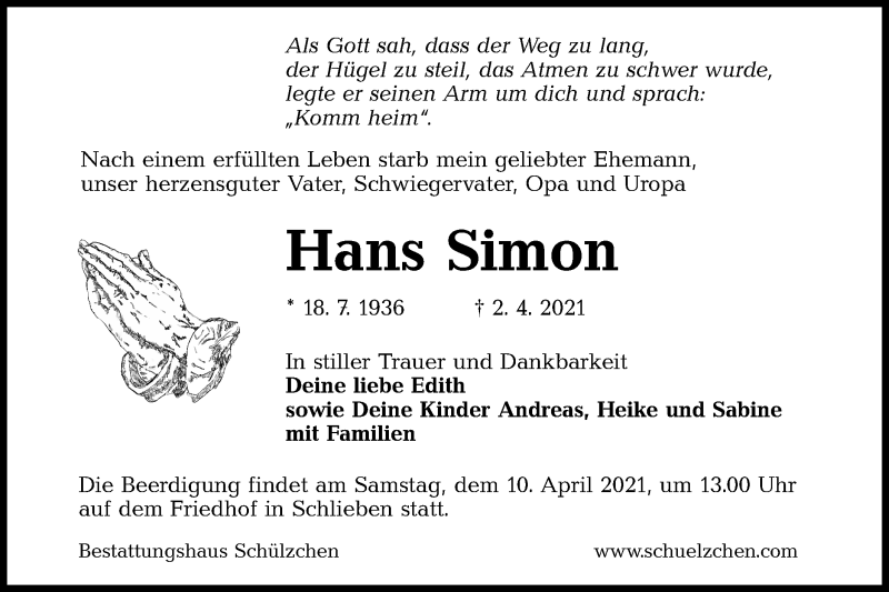  Traueranzeige für Hans Simon vom 07.04.2021 aus lausitzer_rundschau