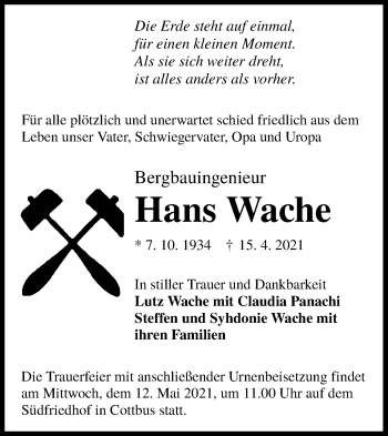 Traueranzeige von Hans Wache von lausitzer_rundschau