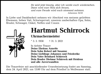 Traueranzeige von Hartmut Schirrock von lausitzer_rundschau