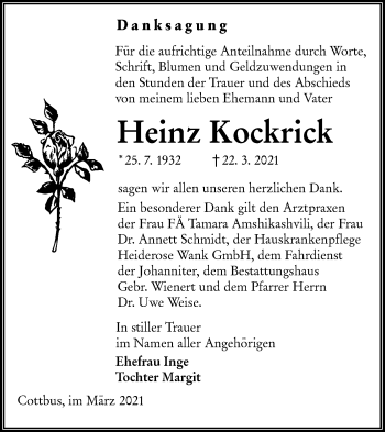 Traueranzeige von Heinz Kockrick von lausitzer_rundschau