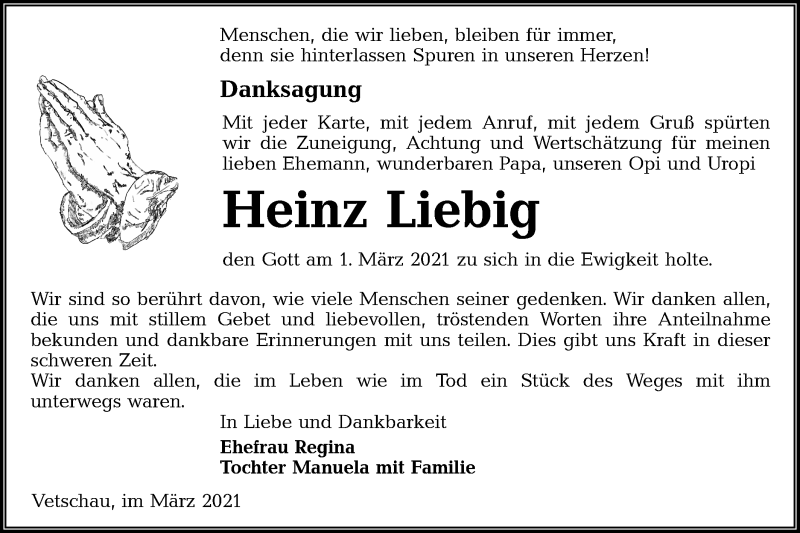  Traueranzeige für Heinz Liebig vom 10.04.2021 aus lausitzer_rundschau