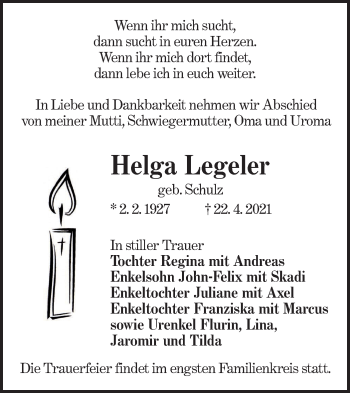 Traueranzeige von Helga Legeler von lausitzer_rundschau
