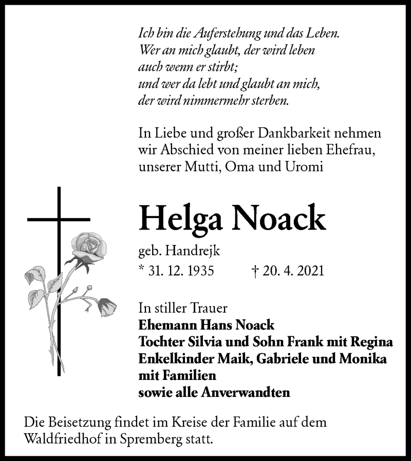  Traueranzeige für Helga Noack vom 30.04.2021 aus lausitzer_rundschau
