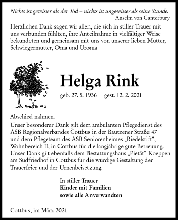 Traueranzeige von Helga Rink von lausitzer_rundschau