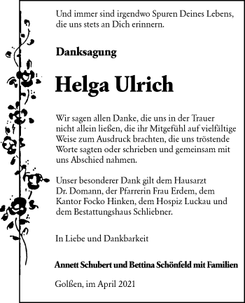 Traueranzeige von Helga Ulrich von lausitzer_rundschau
