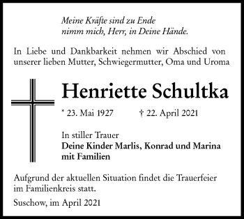 Traueranzeige von Henriette Schultka von lausitzer_rundschau
