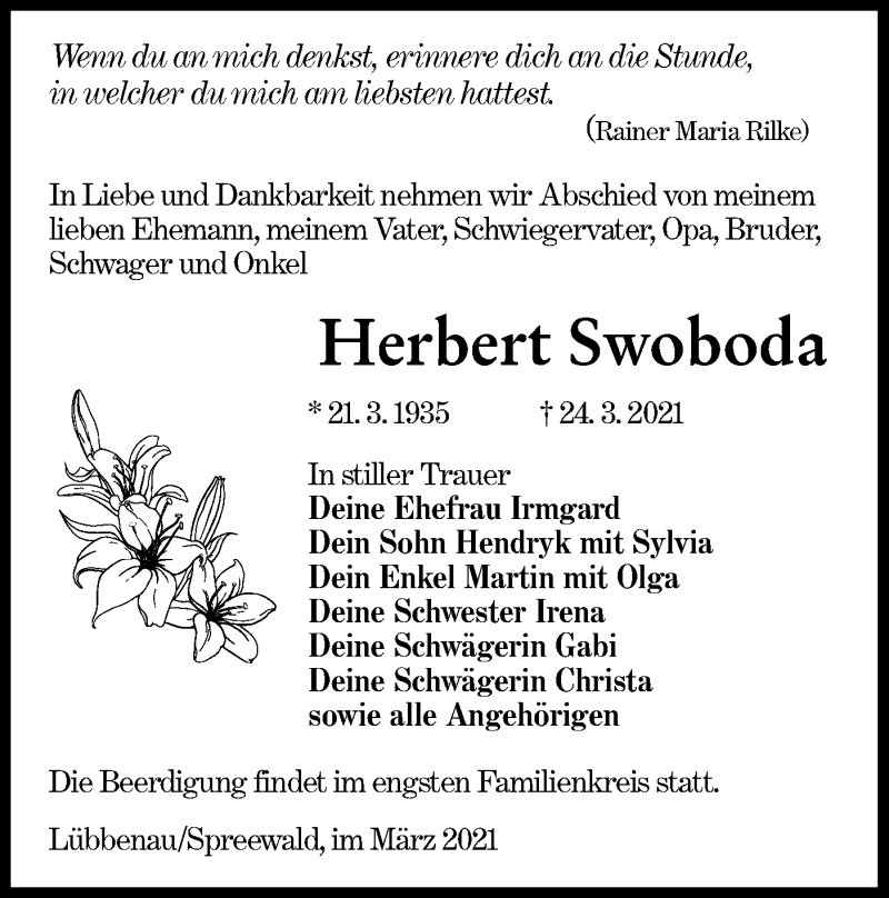  Traueranzeige für Herbert Swoboda vom 03.04.2021 aus lausitzer_rundschau