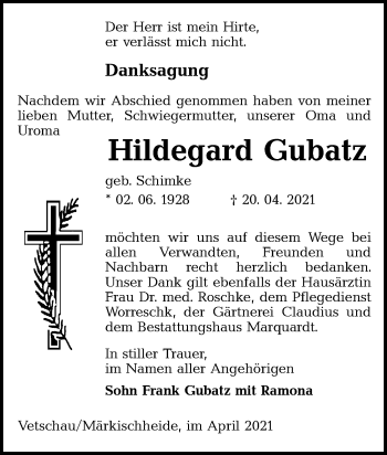 Traueranzeige von Hildegard Gubatz von lausitzer_rundschau