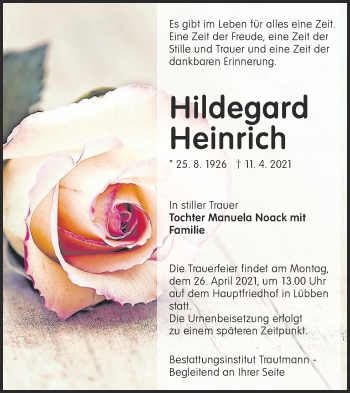 Traueranzeige von Hildegard Heinrich von lausitzer_rundschau