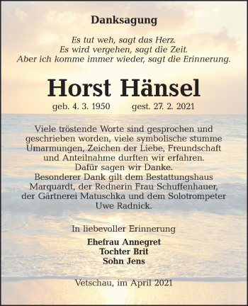 Traueranzeige von Horst Hänsel von lausitzer_rundschau