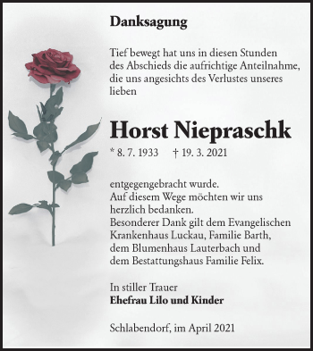 Traueranzeige von Horst Niepraschk von lausitzer_rundschau