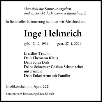 Traueranzeige von Inge Helmrich von lausitzer_rundschau