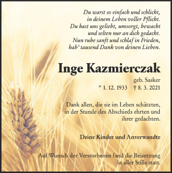 Traueranzeige von Inge Kazmierczak von lausitzer_rundschau