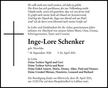 Traueranzeige von Inge-Lore Schenker von lausitzer_rundschau