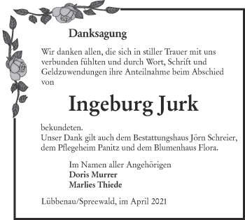 Traueranzeige von Ingeburg Jurk von lausitzer_rundschau