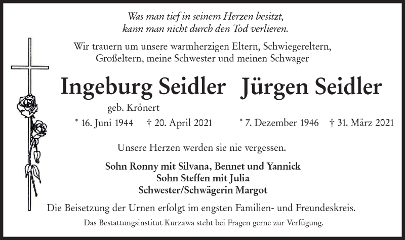  Traueranzeige für Ingeburg und Jürgen Seidler vom 24.04.2021 aus lausitzer_rundschau
