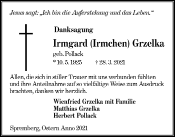 Traueranzeige von Irmgard Grzelka von lausitzer_rundschau