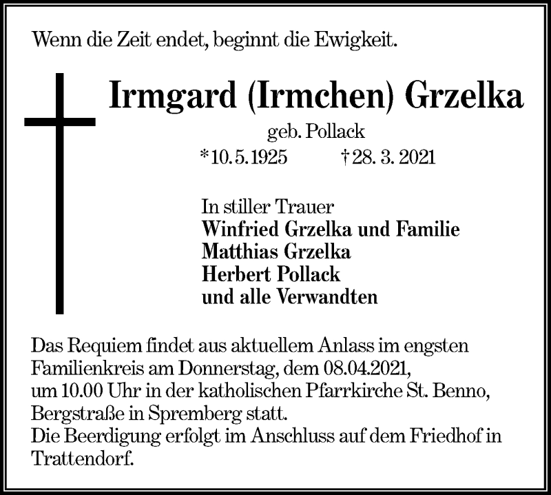  Traueranzeige für Irmgard Grzelka vom 03.04.2021 aus lausitzer_rundschau