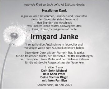 Traueranzeige von Irmgard Janke von lausitzer_rundschau