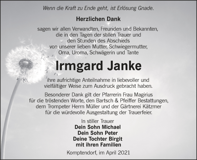  Traueranzeige für Irmgard Janke vom 17.04.2021 aus lausitzer_rundschau