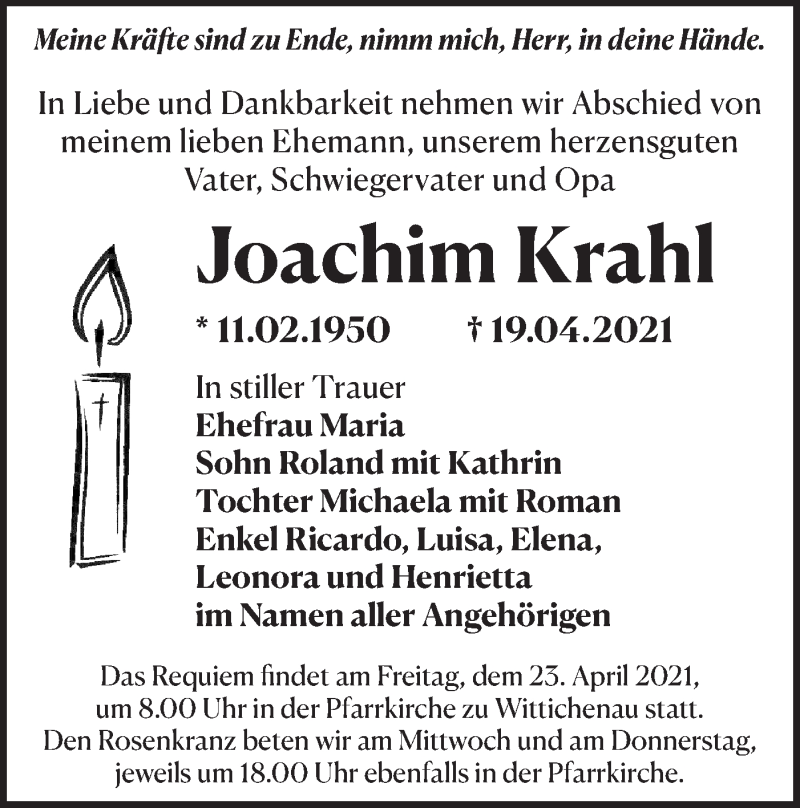  Traueranzeige für Joachim Krahl vom 21.04.2021 aus lausitzer_rundschau