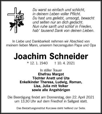 Traueranzeige von Joachim Schneider von lausitzer_rundschau