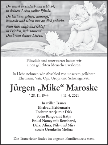 Traueranzeige von Jürgen Maroske von lausitzer_rundschau